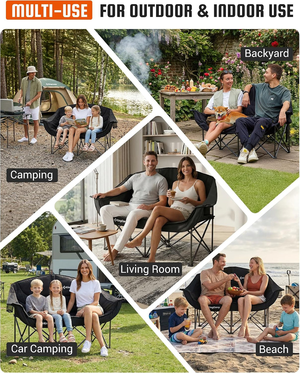 KingCamp Double Camping Chair, Heavy Duty 660lbs Folding 2 Person Chair | Portable Loveseat Couch Padded Comfortable Two Seat with Cup Holder&Carry Bag for Outdoor Lawn Backyard, Black