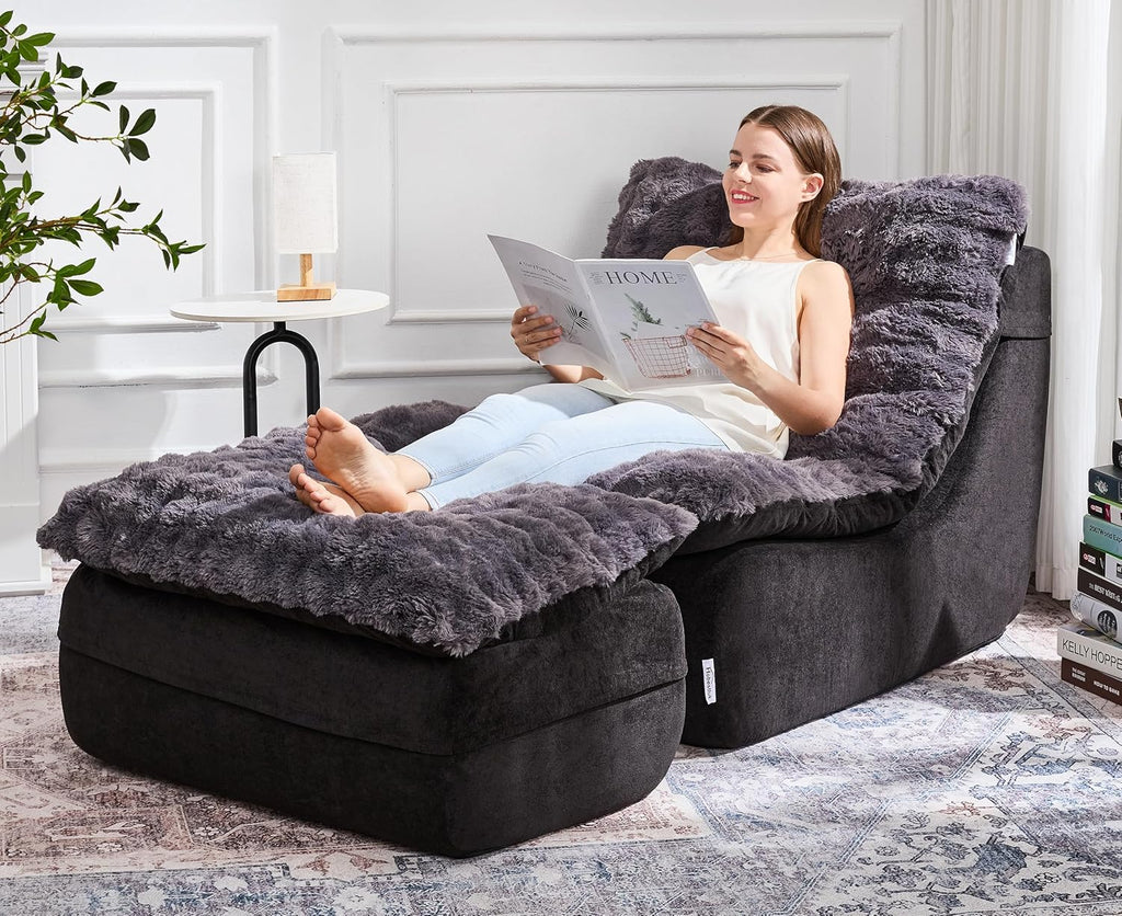 Hobestluk Small Couch Sofa Chaise Lounge Chair Recliner Chair with Footrest | Ergonomic Design,Fluffy Fabric,Multi-Functional Ottoman,No Assembly,Lounge Chair Indoor Bedroom Apartment | Dark Grey Single