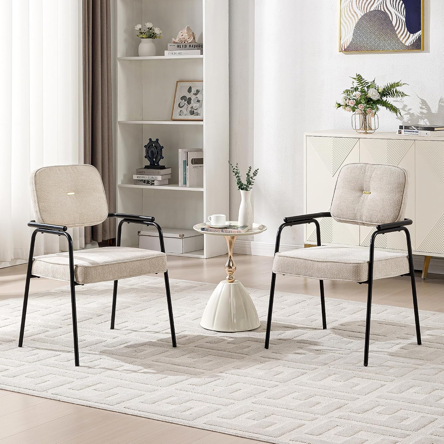 HENGJIANYI Accent Chair Dining Chair Set of 2, Chenille Upholstered Armchair Reading Side Chair, Comfy Living Room Chair with Black Metal Legs for Bedroom Waiting Room, Beige