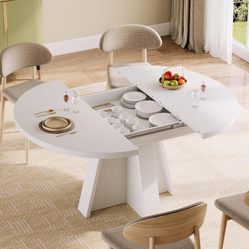 iPormis 43.3in-59in Extendable Round Dining Table for 4-6, Modern Wooden Kitchen Table for Dining Room, Adjustable Size Oval Circle Dinner Tables Furniture for Kitchen Living Room, White