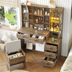 AOGLLATI Farmhouse Vanity Desk with Mirror and Lights, Makeup Vanity Set with Lights & Jewelry Cabinet & 5 Drawers, Vanity Table with Charging Station, Hidden Storage Space for Bedroom, Brown