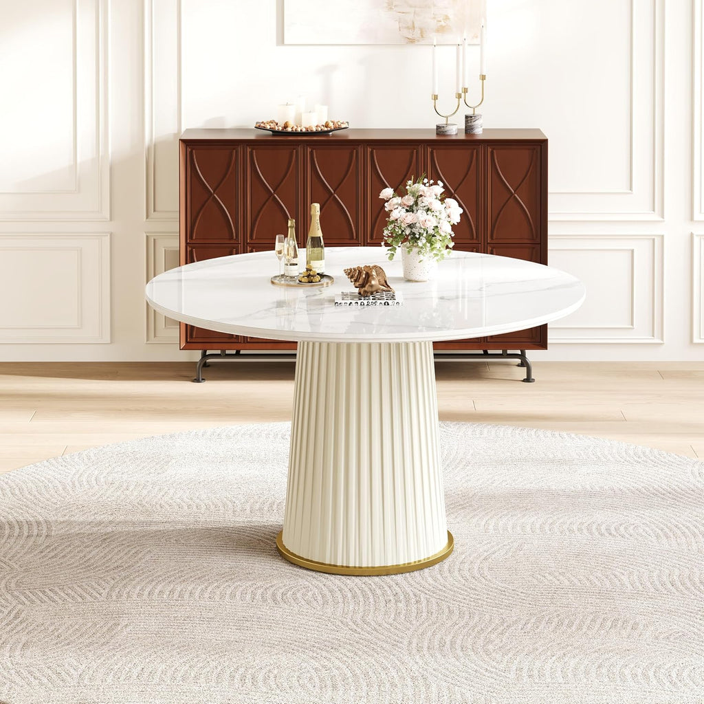 White Dining Table 43.30" Round Kitchen Table with Imitation Marble Grain Top & PU Leather Iron Pedestal,Modern Faux Marble Dinner Furniture for Kitchen Dining Room/Meeting Room