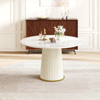 White Dining Table 43.30" Round Kitchen Table with Imitation Marble Grain Top & PU Leather Iron Pedestal,Modern Faux Marble Dinner Furniture for Kitchen Dining Room/Meeting Room