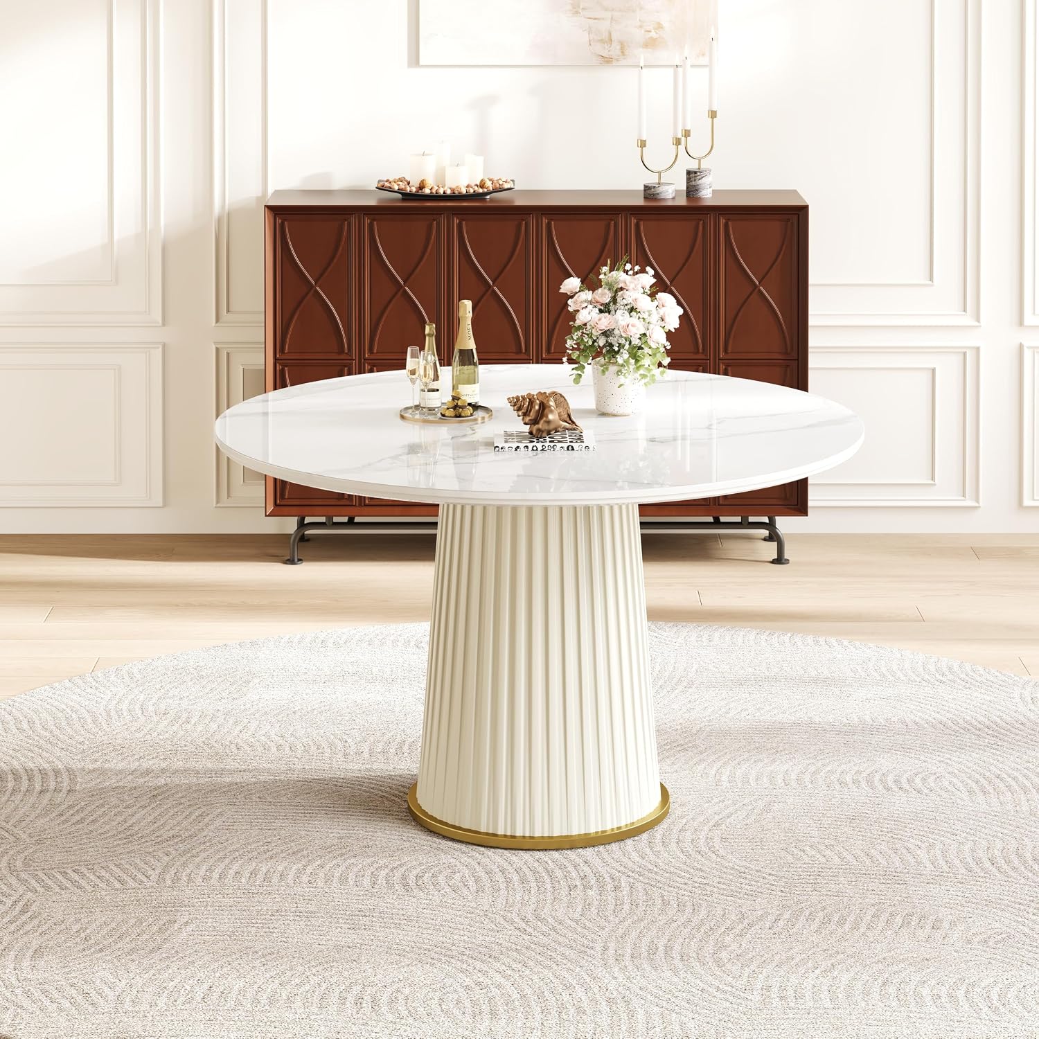 White Dining Table 43.30" Round Kitchen Table with Imitation Marble Grain Top & PU Leather Iron Pedestal,Modern Faux Marble Dinner Furniture for Kitchen Dining Room/Meeting Room