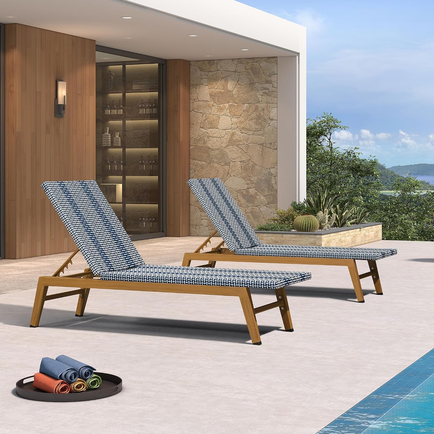 PURPLE LEAF Chaise Lounge Chair Wood Grain Aluminum Set of 2, Dark Blue | 3-Year Color Retention PE Rattan, 2.4" Thickened Aluminum Frame, 16.14" Knee-Friendly Height, French-Inspired Style