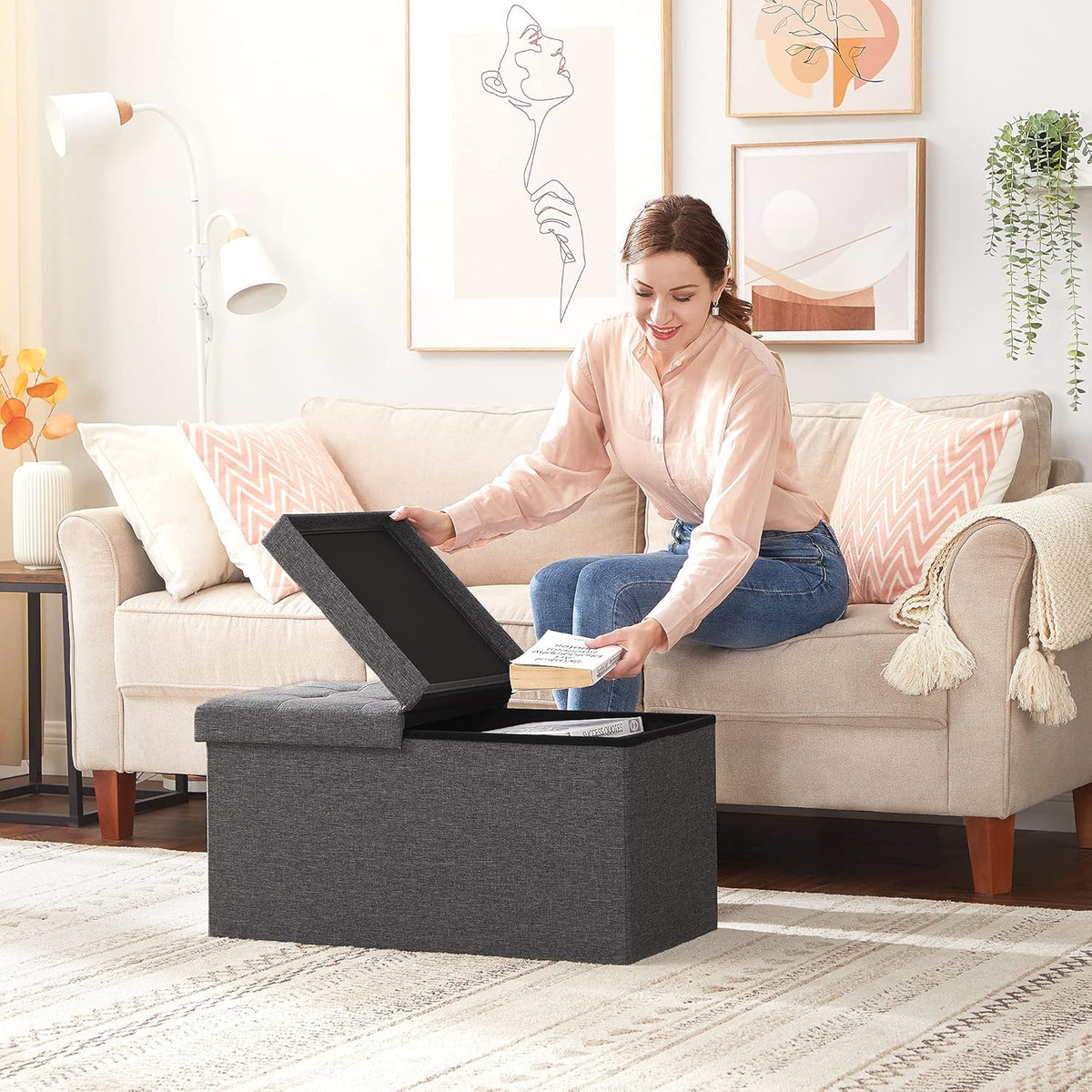 SONGMICS MAZIE Collection - 30 Inches Storage Ottoman, Foldable Storage Bench with Flipping Lid, 660 lb Load Capacity, for Entryway, Living Room, Bedroom, Dark Gray ULSF46GYZ
