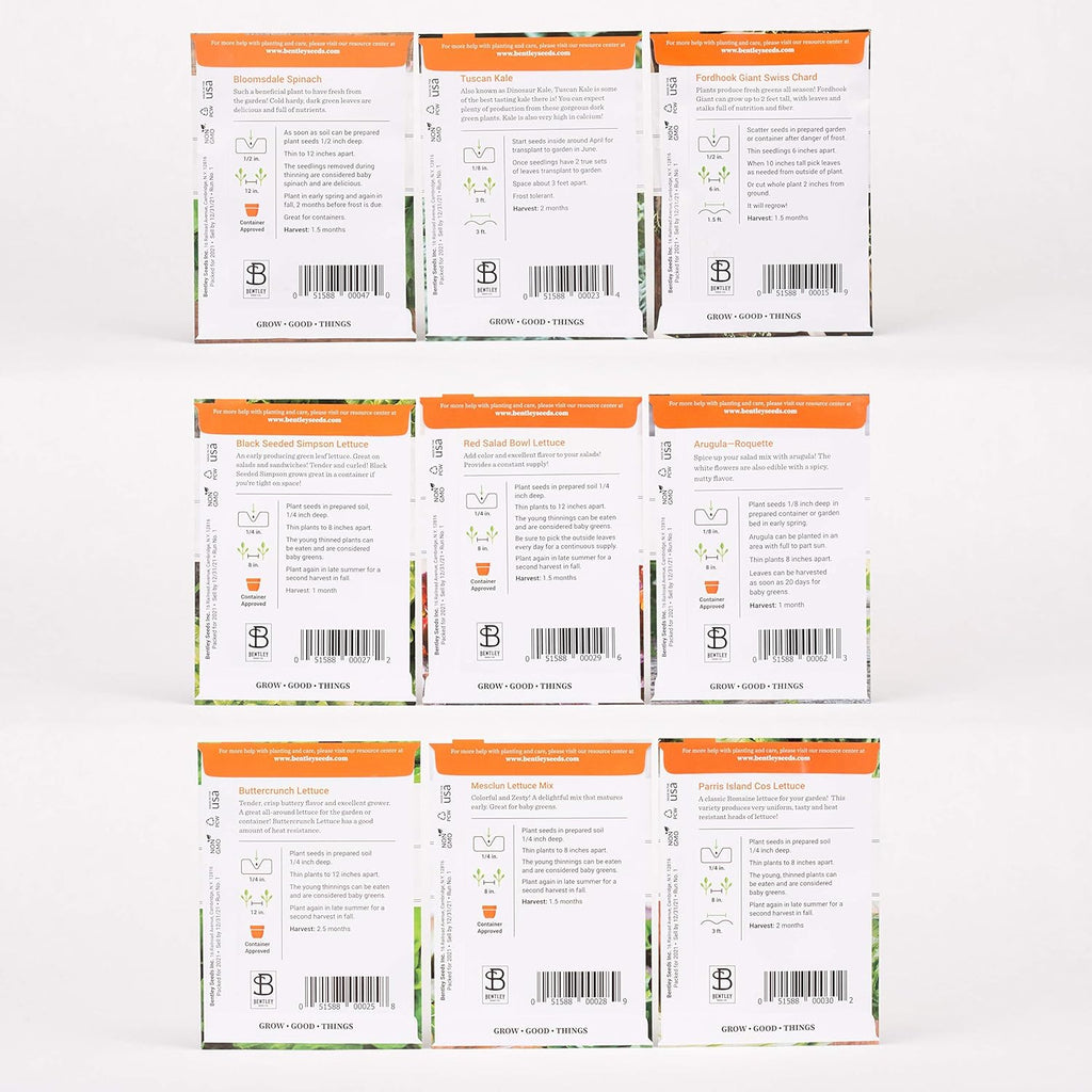 Seed Starter Kit – Salad Greens | Non-GMO | Heirloom Seed Packets | Natural Wood Row Markers | Over 100 Square Feet of Salad Greens