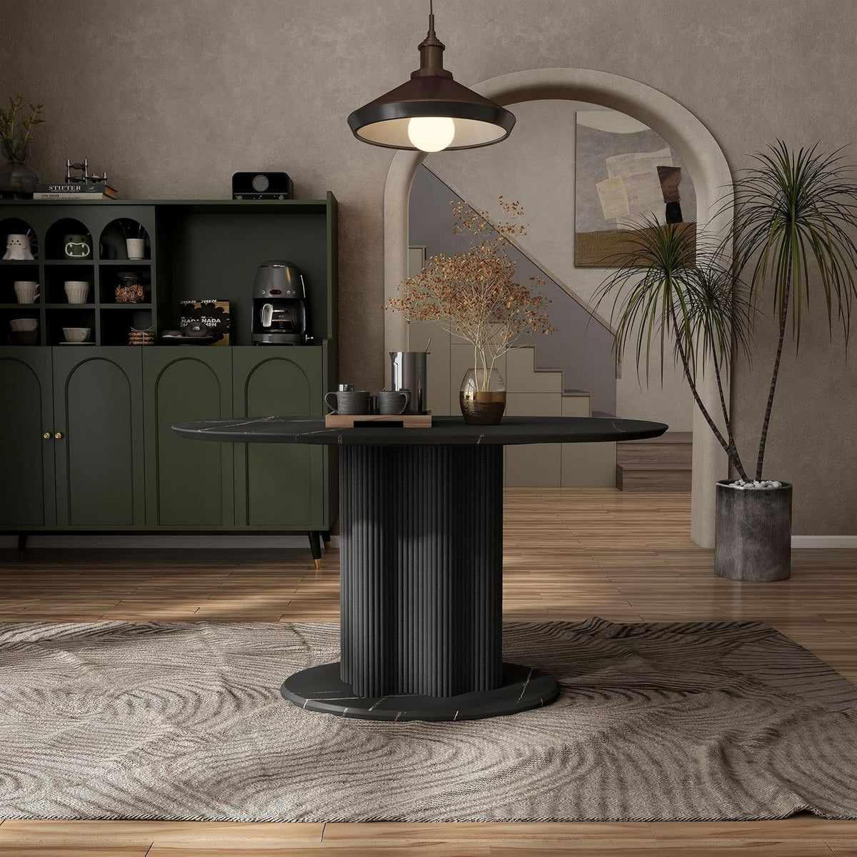Homes: Inside + Out Elara Modern 54-inch Oval Dining Table with Fluted Pedestal Base, Seats up to 4, for Home Kitchen, Living Room, Black