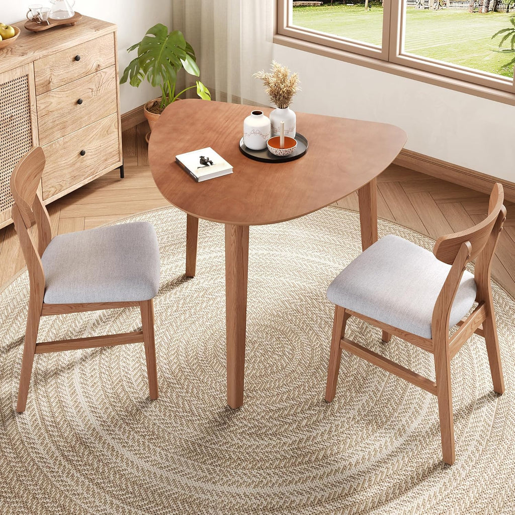 P PURLOVE Modern 3 Piece Table Set, Triangular Table and 2 Curved Wood Chairs for Living Room, Dining Room, Kitchen, Small Space, Minimalist Space-Saving (Light Brown)