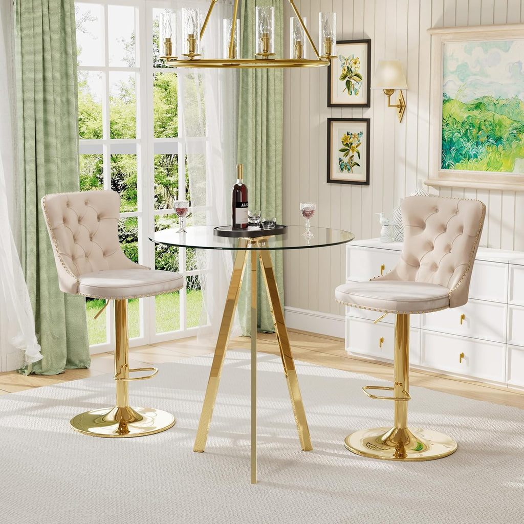 31.5'' Glass Round Bar Table with Stools Set for 2, Modern High Top Pub Table & 2 Adjustable Metal Bar Stool Velvet Swivel Counter Height Bars Chairs (Gold Metal Legs, Clear Top + Beige Chair)