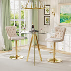 31.5'' Glass Round Bar Table with Stools Set for 2, Modern High Top Pub Table & 2 Adjustable Metal Bar Stool Velvet Swivel Counter Height Bars Chairs (Gold Metal Legs, Clear Top + Beige Chair)