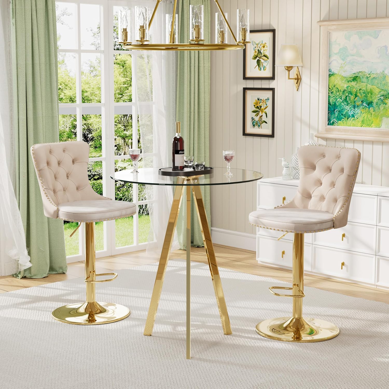 31.5'' Glass Round Bar Table with Stools Set for 2, Modern High Top Pub Table & 2 Adjustable Metal Bar Stool Velvet Swivel Counter Height Bars Chairs (Gold Metal Legs, Clear Top + Beige Chair)