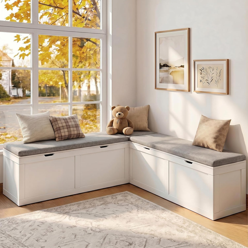 63” Breakfast Nook Bench, L Shaped Storage Bench with Cushion, White | Corner Bench for Kitchen Dining Room and Entryway, Space Saving Kitchen and Dining Nook Bench, Farmhouse Style