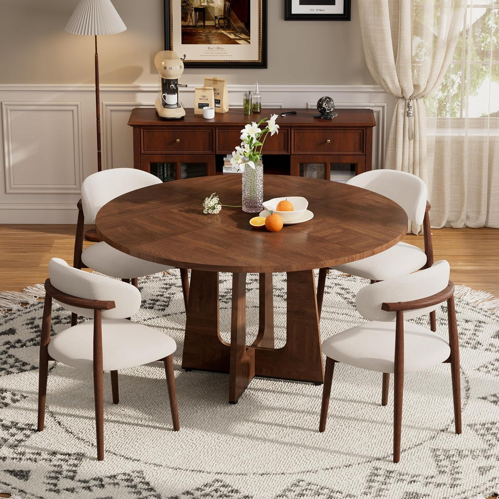 47" Round Dining Table Set for 4-6, Farmhouse Kitchen Table & 4 Beige Upholstered Fabric Chairs with MDF Tabletop and Base, Space-Saving Round Dinner Table Set for Small Apartments, Walnut