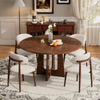 47" Round Dining Table Set for 4-6, Farmhouse Kitchen Table & 4 Beige Upholstered Fabric Chairs with MDF Tabletop and Base, Space-Saving Round Dinner Table Set for Small Apartments, Walnut