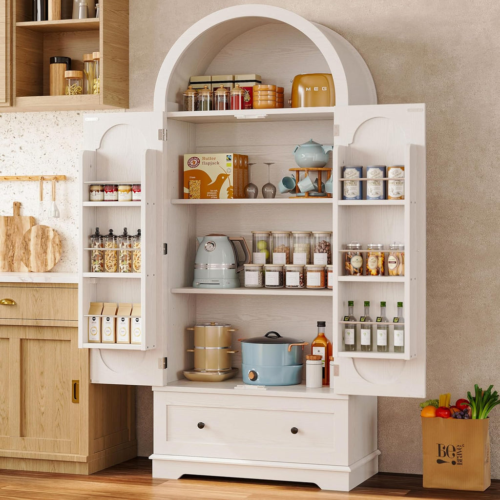 IRONCK 70.9 in Kitchen Pantry with Large Drawer Adjustable Shelves | kitchen pantry; 2 doors; large drawer; adjustable shelves; arched open shelving