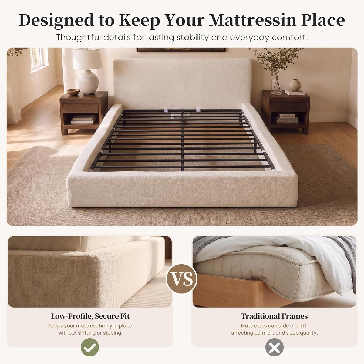 Queen Upholstered Platform Cloud Bed Frame with Headboard, Beige