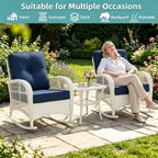 MEETWARM Outdoor Wicker Rocking Chairs Set of 2, Rattan Patio Rocker Chairs with Thick Cushions and High Back, All-Weather Patio Wicker Chair with Safe Rocking Design for Garden, Cream White/Navy