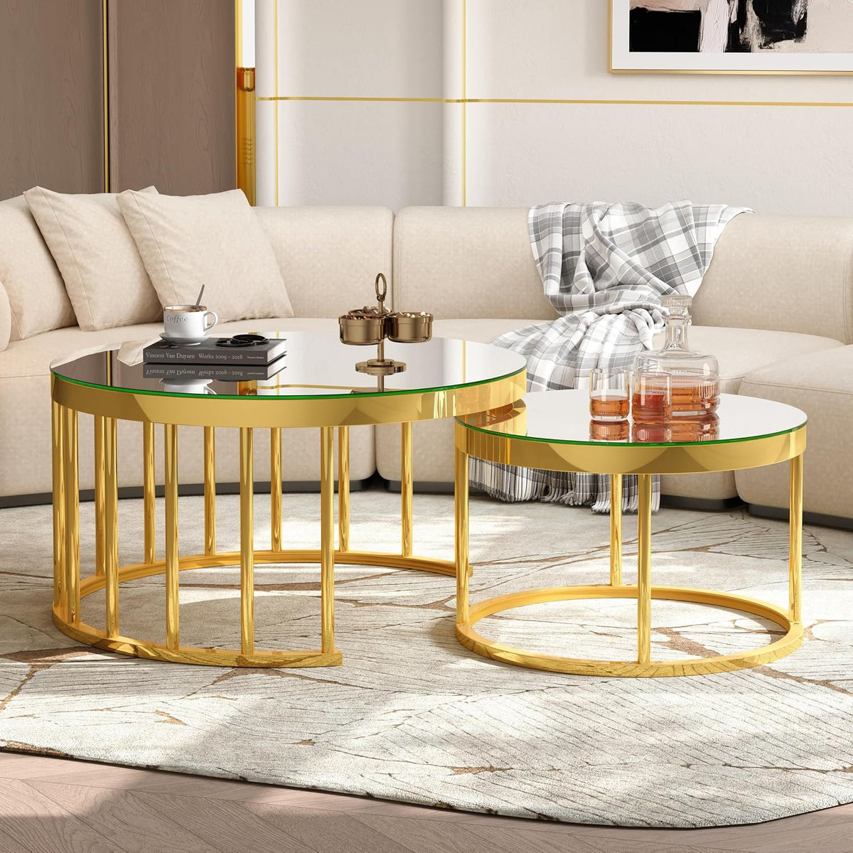 JIVOIT 2-Piece Round Nesting Coffee Table Set with Gold Metal Frame | Modern Circular Cocktail Table, Tempered Glass Tabletop, Accent Nesting Tables, Rounded Edge, Space-Saving, Living Room