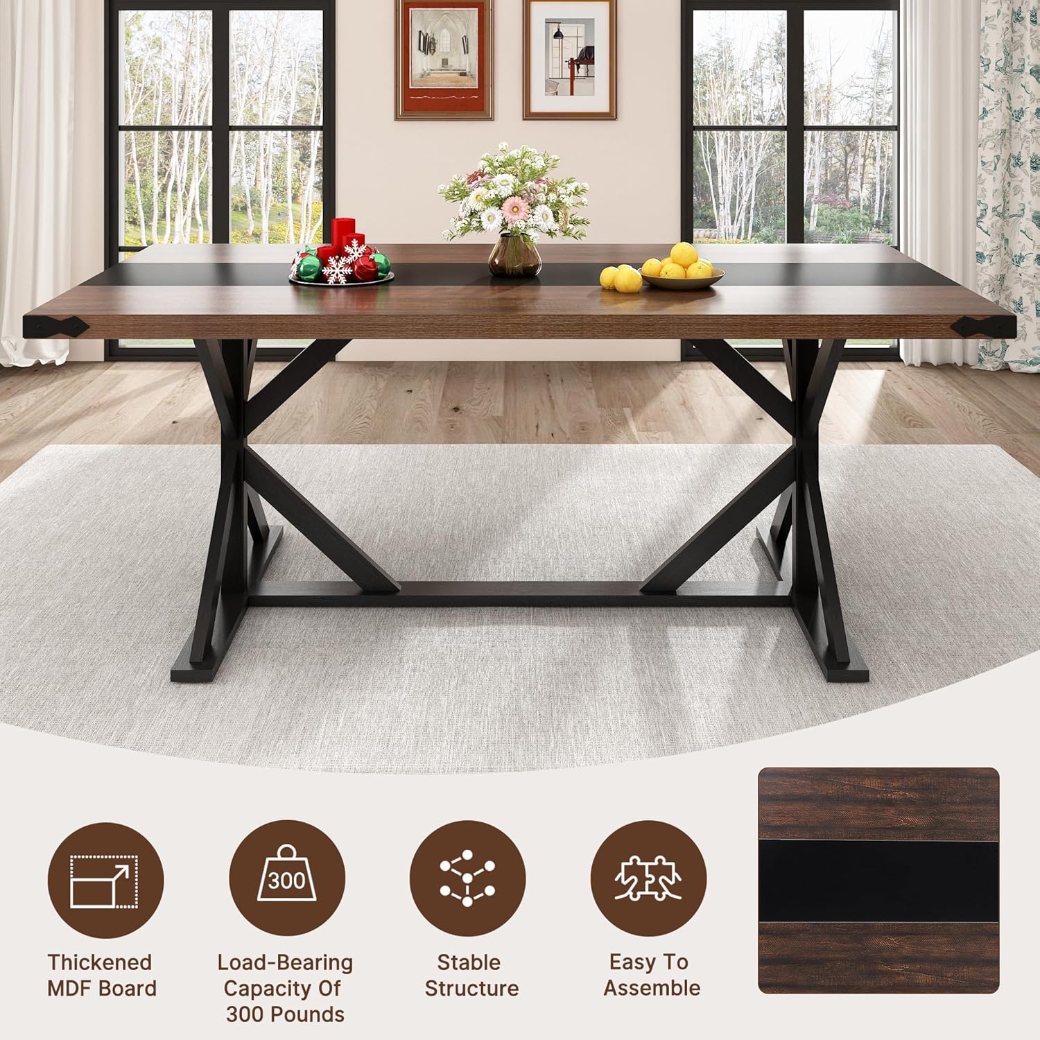 Hlivelood 71 Inch Dining Table for 6 People, Rectangular Kitchen Farmhouse Table W/Thickness Waterproof Wood Tabletop,Long Dining Room Tables W/Wood Strip Base for Kitchen Living Room(Brown&Black)