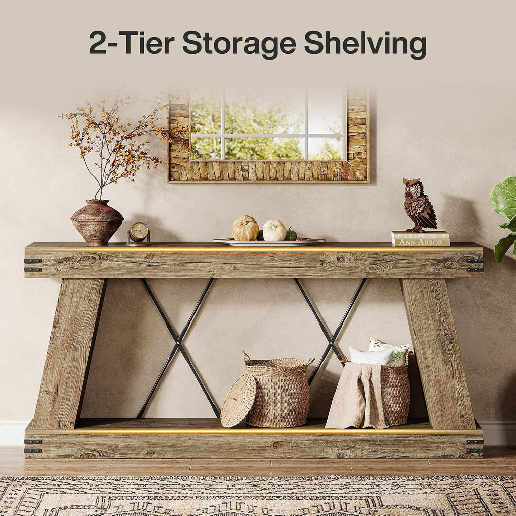 Tribesigns 70.87" Farmhouse Console Table with Storage (Light Brown Oak) | Narrow Sofa Table Behind Couch with Shelf, Rustic Entryway Table for Hallway, Living Room, Foyer, Entrance