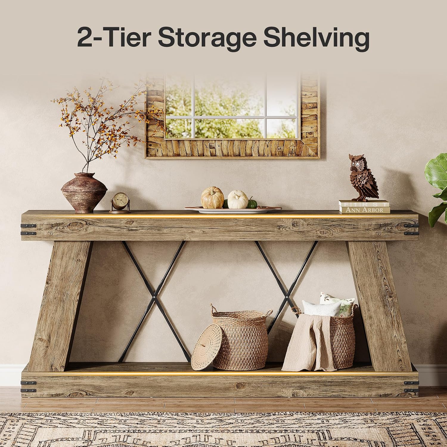 Tribesigns 70.87" Farmhouse Console Table with Storage (Light Brown Oak) | Narrow Sofa Table Behind Couch with Shelf, Rustic Entryway Table for Hallway, Living Room, Foyer, Entrance