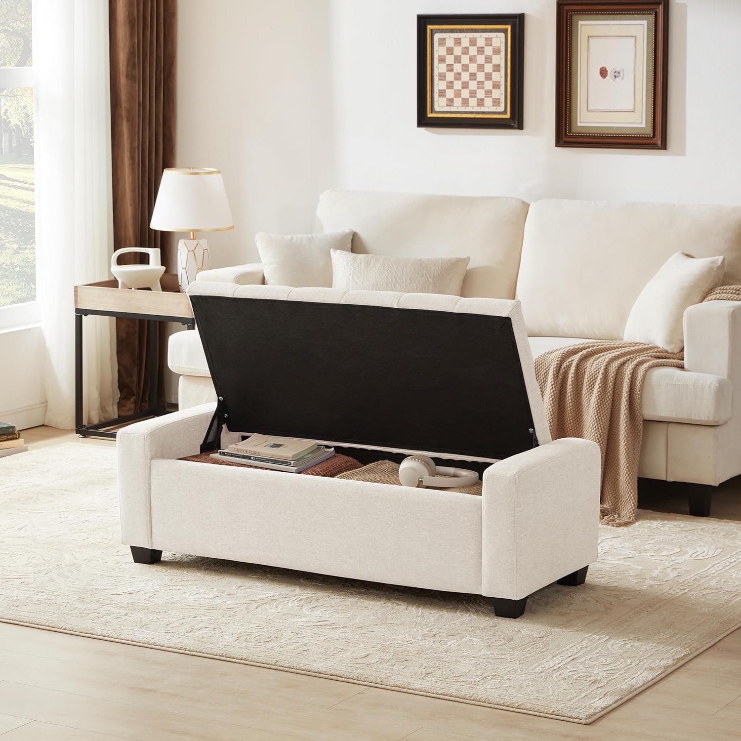 Huatean Home 48" Ottoman with Storage, Beige Storage Ottoman Bench | Upholstered Entryway Bench with Seating for Bedroom, Living Room, with Safety Hinge, Holds up to 330 lb