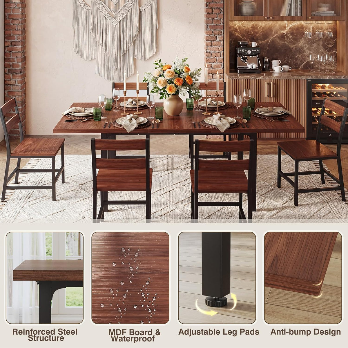 HUAHUU 7-Piece Dining Table Set for 6, 63" Extendable Kitchen Table with Curved Backrest Chairs, Dining Room Table with Solid Metal Frame & MDF Board, Easy Assembly, Walnut