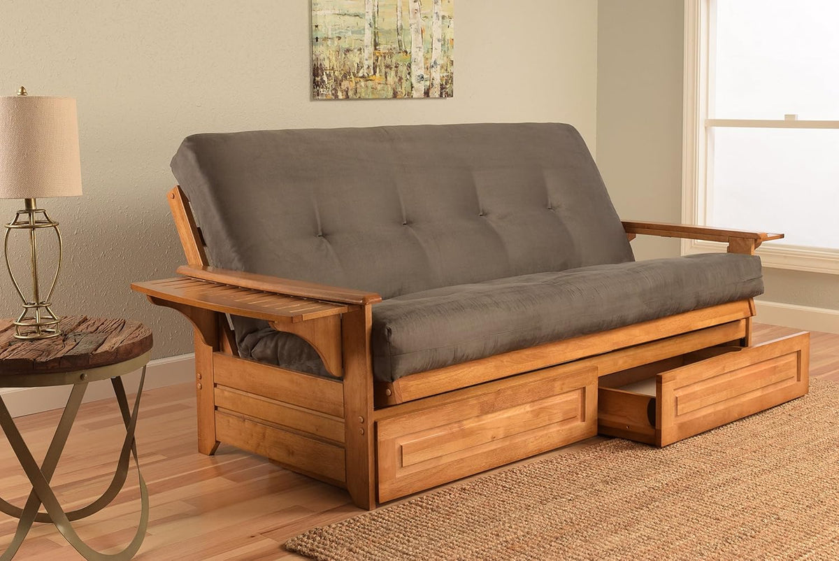 Lakefront Complete Futon - Drawers, Frame and Mattress Set - Arm Tray 8" Innerspring Queen Size Sofa Under Bed Storage Lounger (Gray, Queen)