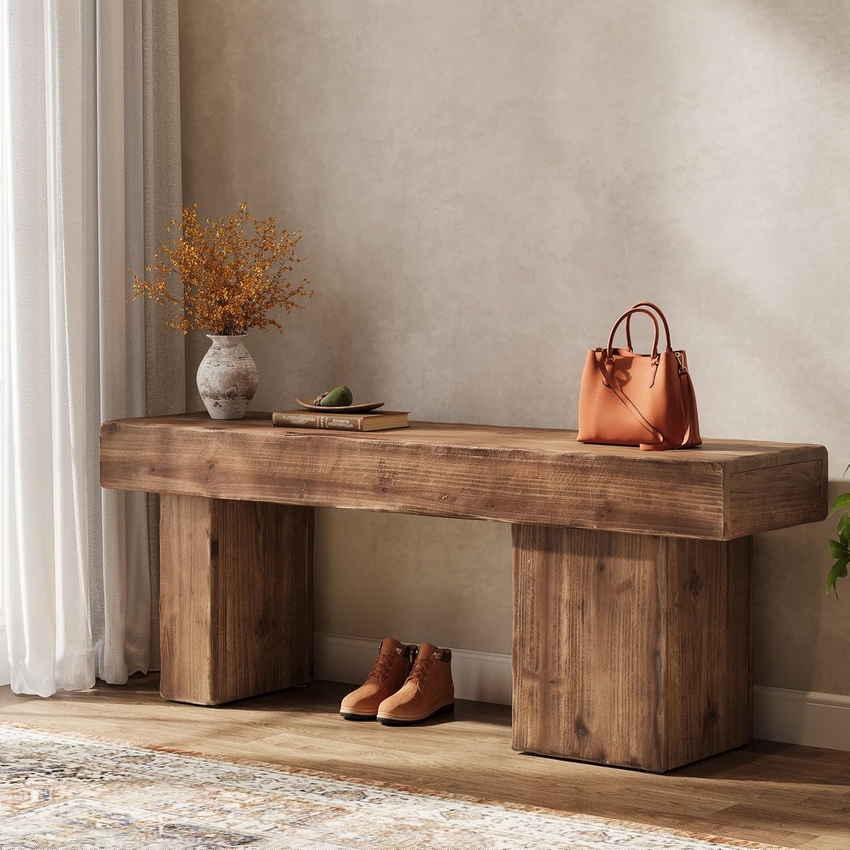 Solid Wood Bench, 47” Farmhouse Entryway Bench with Thickened Seat & Artistic Legs, Heavy Duty Indoor Bench for Bedroom, Hallway, Living Room, Indoor, Porch, Natural
