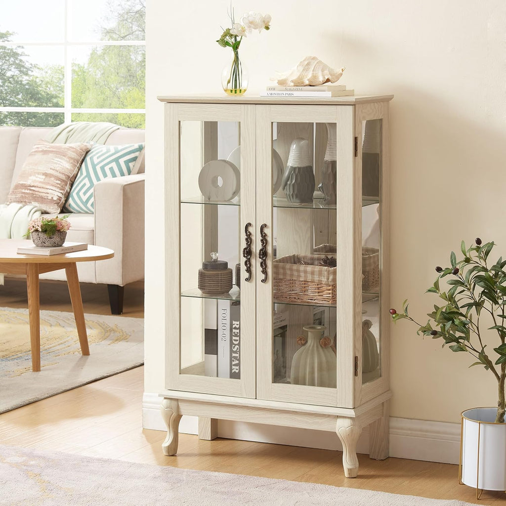 HRVEOCEI Curio Cabinet with Lighted, Display Cabinet with Glass Doors, Corner China Cabinet with Tempered Adjustable Glass Shelves & Carved Decoration(White)