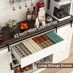 Farmhouse Coffee Bar Cabinet with LED Light, Charging Station & Sliding Barn Doors - 63"W x 71"H Large Wine Rack, Built-in Liquor Dispenser, Glass/Mug Holders for Kitchen, Living Room, Hallway