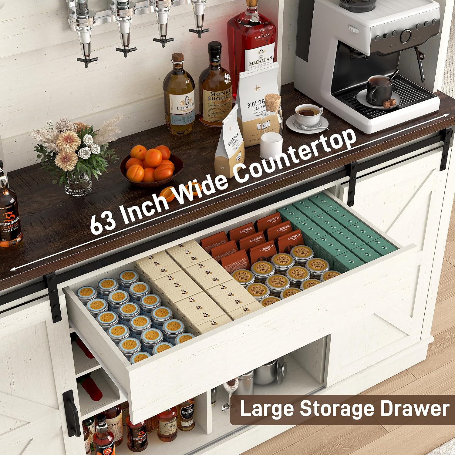 Farmhouse Coffee Bar Cabinet with LED Light, Charging Station & Sliding Barn Doors - 63"W x 71"H Large Wine Rack, Built-in Liquor Dispenser, Glass/Mug Holders for Kitchen, Living Room, Hallway
