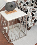 Penau Square Marble End Table, White Marble Top with Natural Gray Veins, Polished Stainless Steel Base with Organic Curves, Dimensions 18W x 18D x 22.5H Inches, Fully Assembled