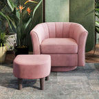 LINSY Large Swivel Accent Chair with Ottoman, Velvet Barrel Chair with Footrest, Modern Upholstered Comfy Reading Chair Armchair for Living Room, Bedroom, Study Room, Office, Pink