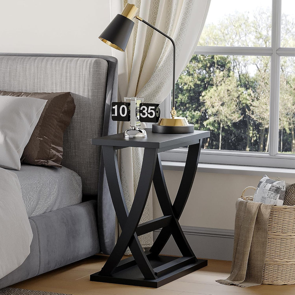 ChooChoo Black End Table, Narrow Side Table with Storage Shelf, Modern X-Design Slim Bedside Tables for Living Room, Bedroom, Small Spaces