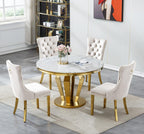 44.88" Round Dining Table Set, Luxury Diamond-Shape Dining Room Table with Faux Marble Top & 4 Beige Tufted Velvet Chairs, White&Gold Circle Kitchen Table and Chairs Set with Stainless Steel Base