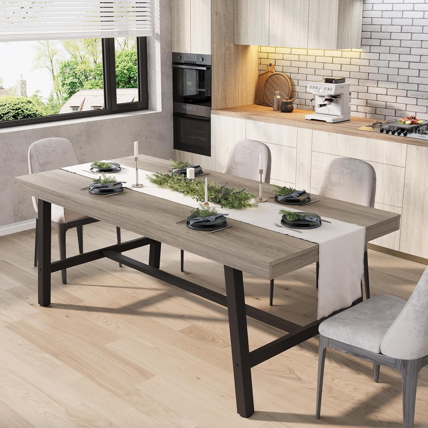 GarveeHome Industrial Dining Table for 6-8 People, 70.87" Long Kitchen Table with Sturdy Metal Frame, Rectangular Counter for Dinner, Kitchen, Dining Room (Grey Walnut, 71" Non-extendable)
