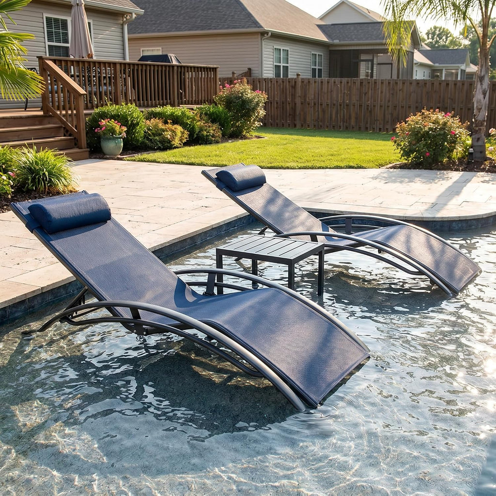 PURPLE LEAF Pool Lounge Chaise Set of 3 Outdoor Lounger Chair, Navy Blue | 2 Chaise + 1 Table, Aluminum Frame, Adjustable Headrest & 5 Recline Angles, Stackable, UV Textilene Fabric, S-Curve Backrest
