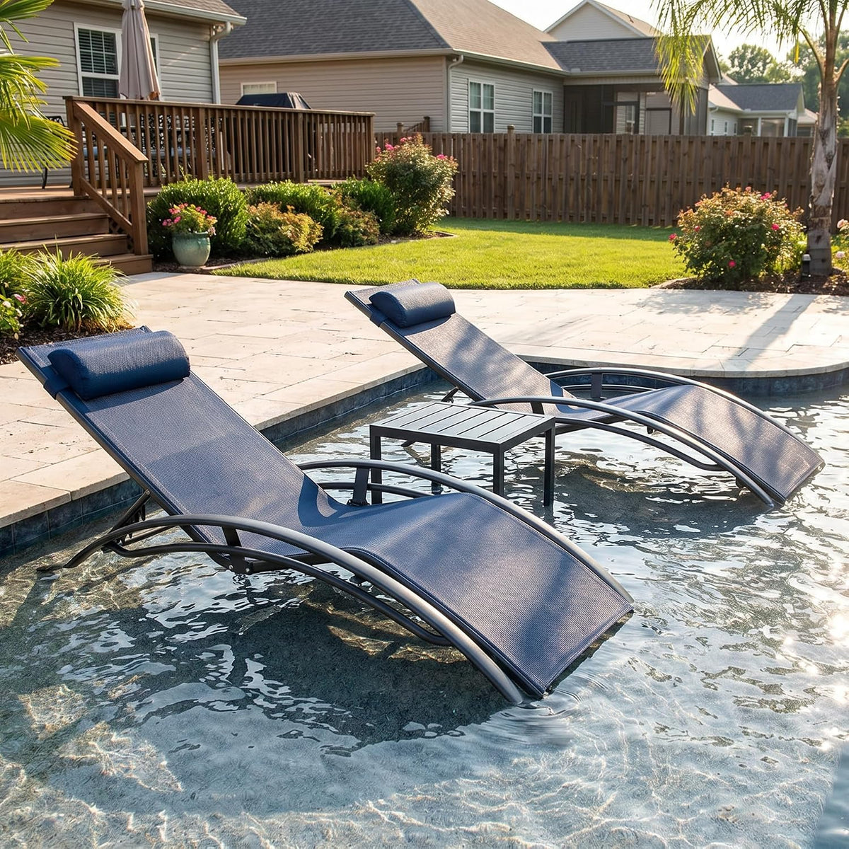 PURPLE LEAF Pool Lounge Chaise Set of 3 Outdoor Lounger Chair, Navy Blue | 2 Chaise + 1 Table, Aluminum Frame, Adjustable Headrest & 5 Recline Angles, Stackable, UV Textilene Fabric, S-Curve Backrest