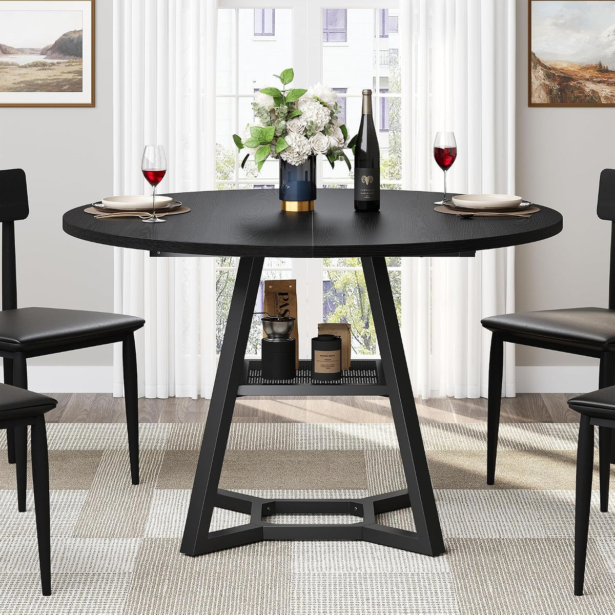 knoworld 47" Round Dining Table for 4, Kitchen Tables Dining Room Circle Dinner Table with Pedestal Metal Frame, Space Saving Wood Industrial Kitchen & Dining Room Tables, Black 47In
