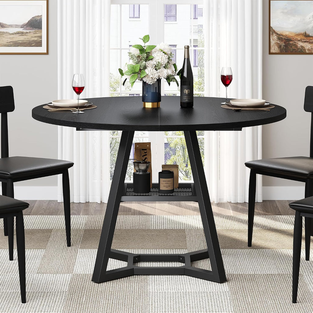 knoworld 43" Round Dining Table for 4, Kitchen Tables Dining Room Circle Dinner Table with Pedestal Metal Frame, Space Saving Wood Industrial Kitchen & Dining Room Tables, Black 43In