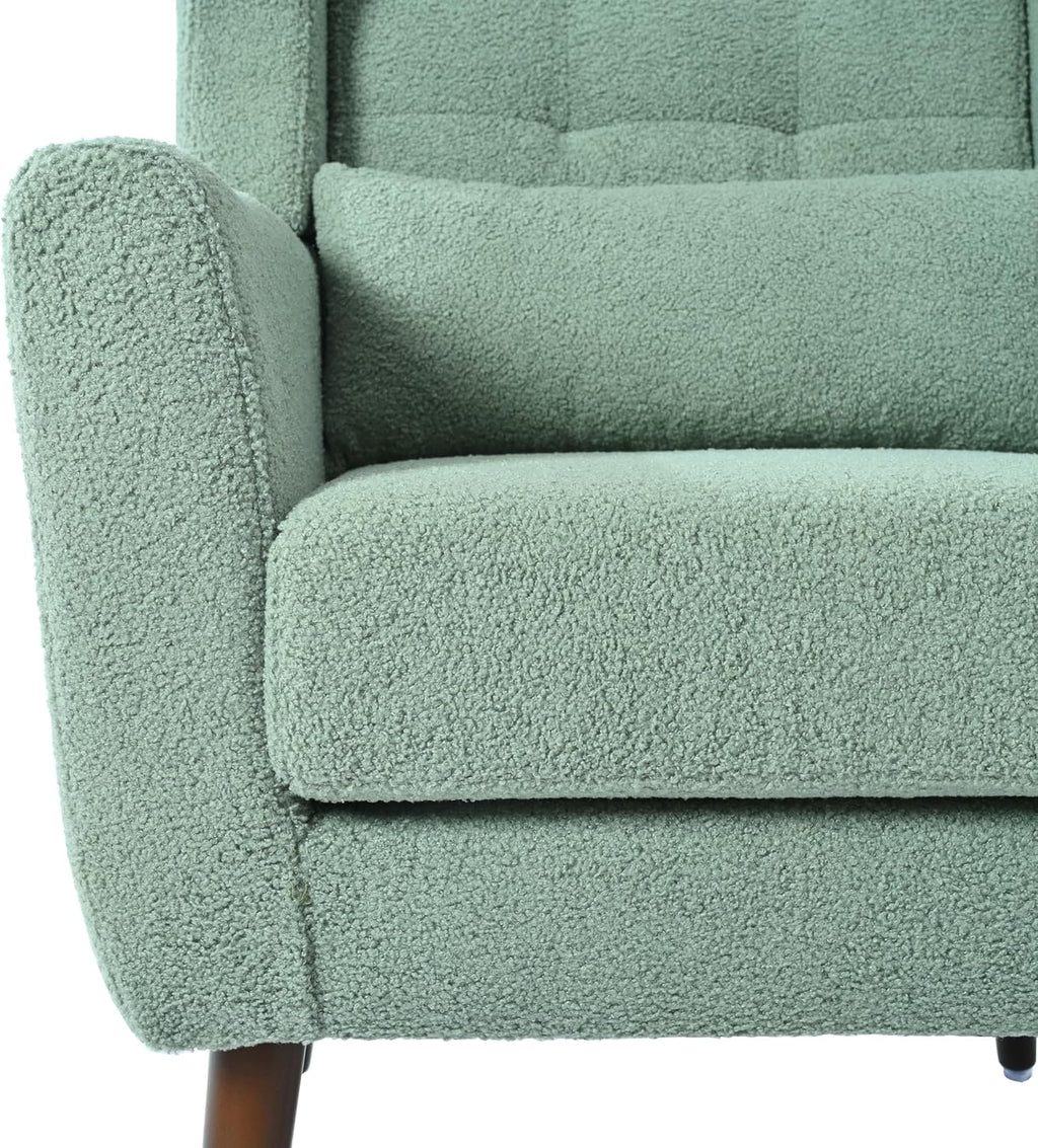 Accent Chair, Comfy Upholstered Living Room Chairs with High Tufted Backrest and Pillow, Wingback Reading Chair with Solid Wood Legs for Bedroom/Office,Teddy Fabric, Light Green