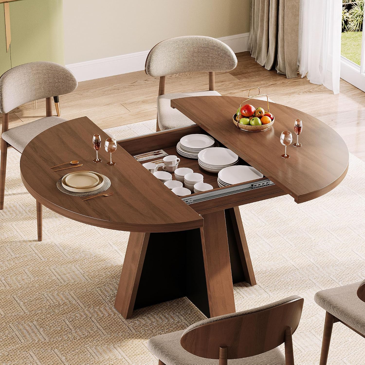 iPormis 43.3in-59in Extendable Round Dining Table for 4-6, Modern Wooden Kitchen Table for Dining Room, Adjustable Size Oval Circle Dinner Tables Furniture for Kitchen Living Room, Walnut Brown