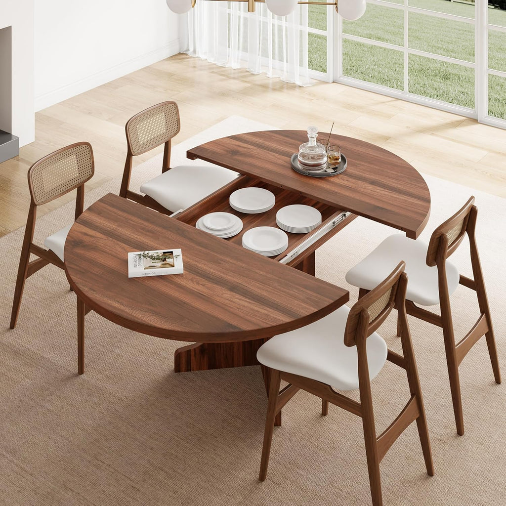 Feonase 59" Round Extendable Dining Room Table for 4-6, Modern Oval Kitchen Table with Heavy Duty Wood Base, Metal Frame Support, for Dining Kitchen Living Room, Easy Assembly, Noise-Free, Walnut
