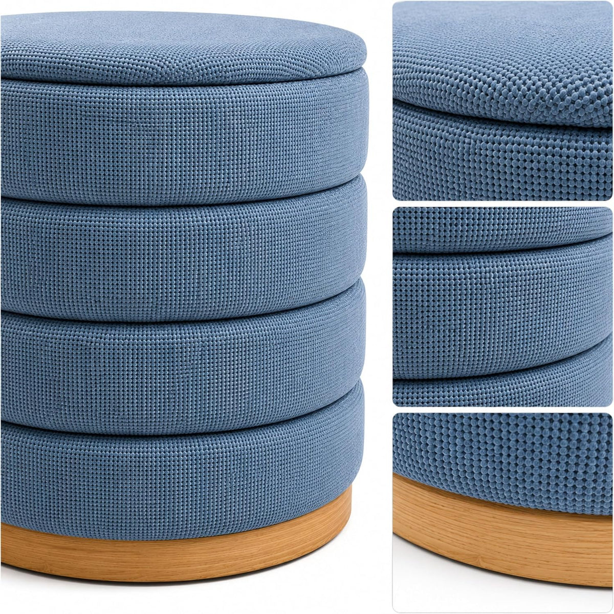 Linen Storage Ottoman Round Footrest with Hidden Storage, Light Blue 16" L X16 W X 17" H