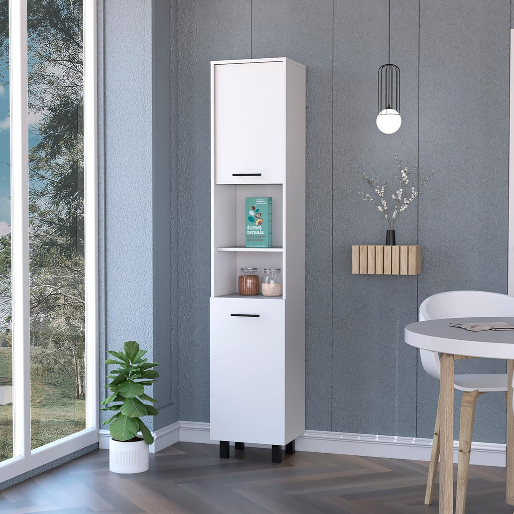 Small White 2-Door Pantry Cabinet with Shelving, Kitchen Storage, Versatile Corner Unit