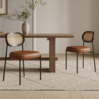 Rattan Dining Chairs Set of 4, Camel Leather Upholstered Dining Chairs with Rattan Cane Back, Mid Century Modern Dining Room Chairs with Black Metal Legs & D-Shaped Thicken Cushion, Camel