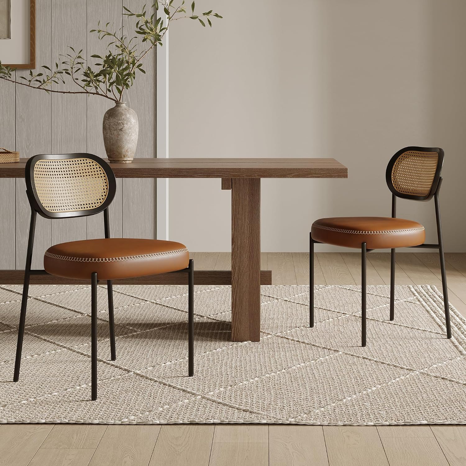 Rattan Dining Chairs Set of 4, Camel Leather Upholstered Dining Chairs with Rattan Cane Back, Mid Century Modern Dining Room Chairs with Black Metal Legs & D-Shaped Thicken Cushion, Camel