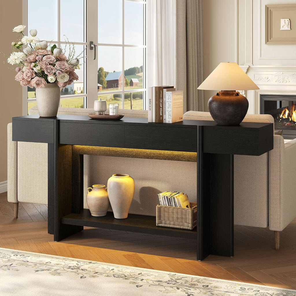 Einhomn 70.8" Long Console Table, 2 Drawer Entryway Table with Colorful LED Lights, Farmhouse Entry Way Table with Open Storage, Narrow Long Sofa Table for Entrance, Living Room, Hallway, Black